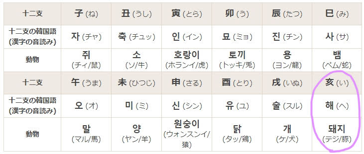 韓国の干支：十二支の表