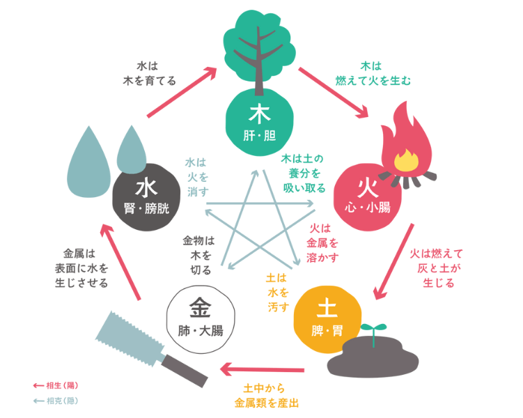 陰陽五行説の相生と相剋の関係図